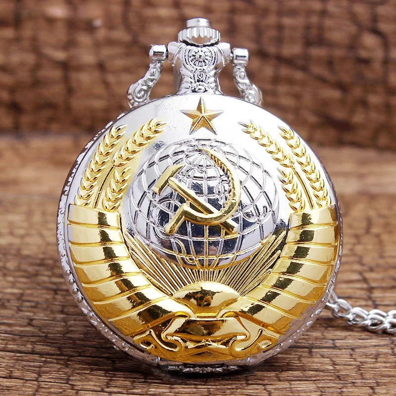 Vintage Emblem USSR Soviet Badges Hammer Sickle Pocket Watch Retro Russia Army CCCP Communism Necklace Clock Chain For Men Women