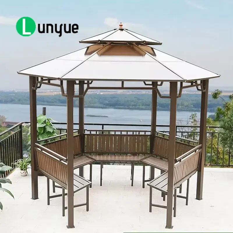 3.5x3.5m Hexagonal Iron Garden Gazebo Powder Coated Frame Outdoor Furniture Prefabricated Patio Canopy for Backyard Lawn