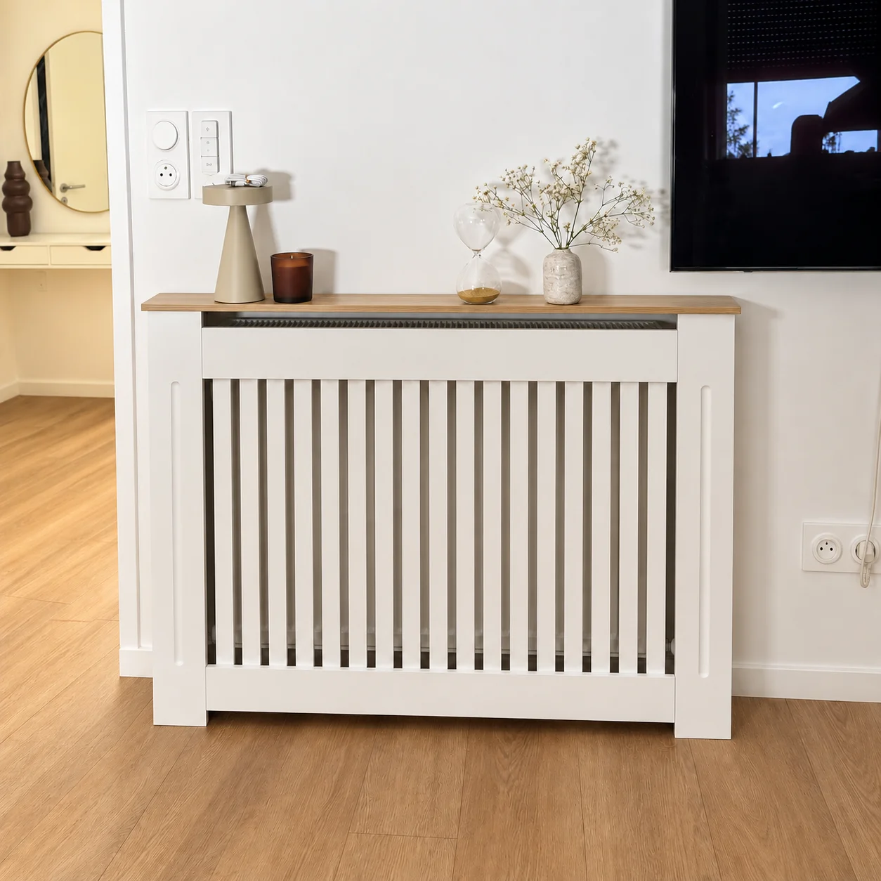 White MDF Radiator Cover Cabinet with Wood Grain Top Shelf Horizontal or Vertical Slats 78 112 152cm Wide 92.5cm High Slim 20cm Deep Decorative Radiator Surround for Living Room Bedroom Hallway