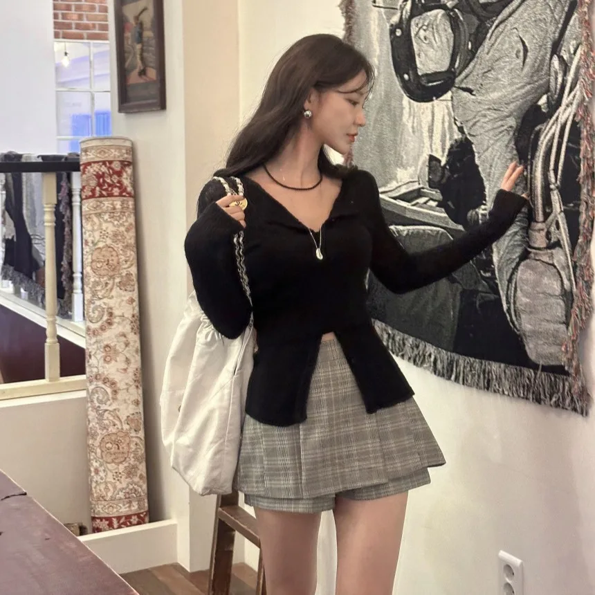 Simple round Ne Button up Knitwear Strap Set Korean Sle Soft Medium Thin Spring Autumn Winter Women's Faion