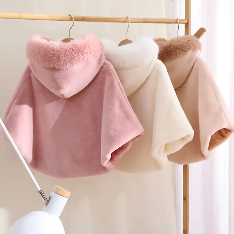 Girls Cashmere Outerwear Trench Children Winter Shawl Cloak Baby Toddler Girl Coats Pink Velvet Cloak Jacket Thick Kid Clothing