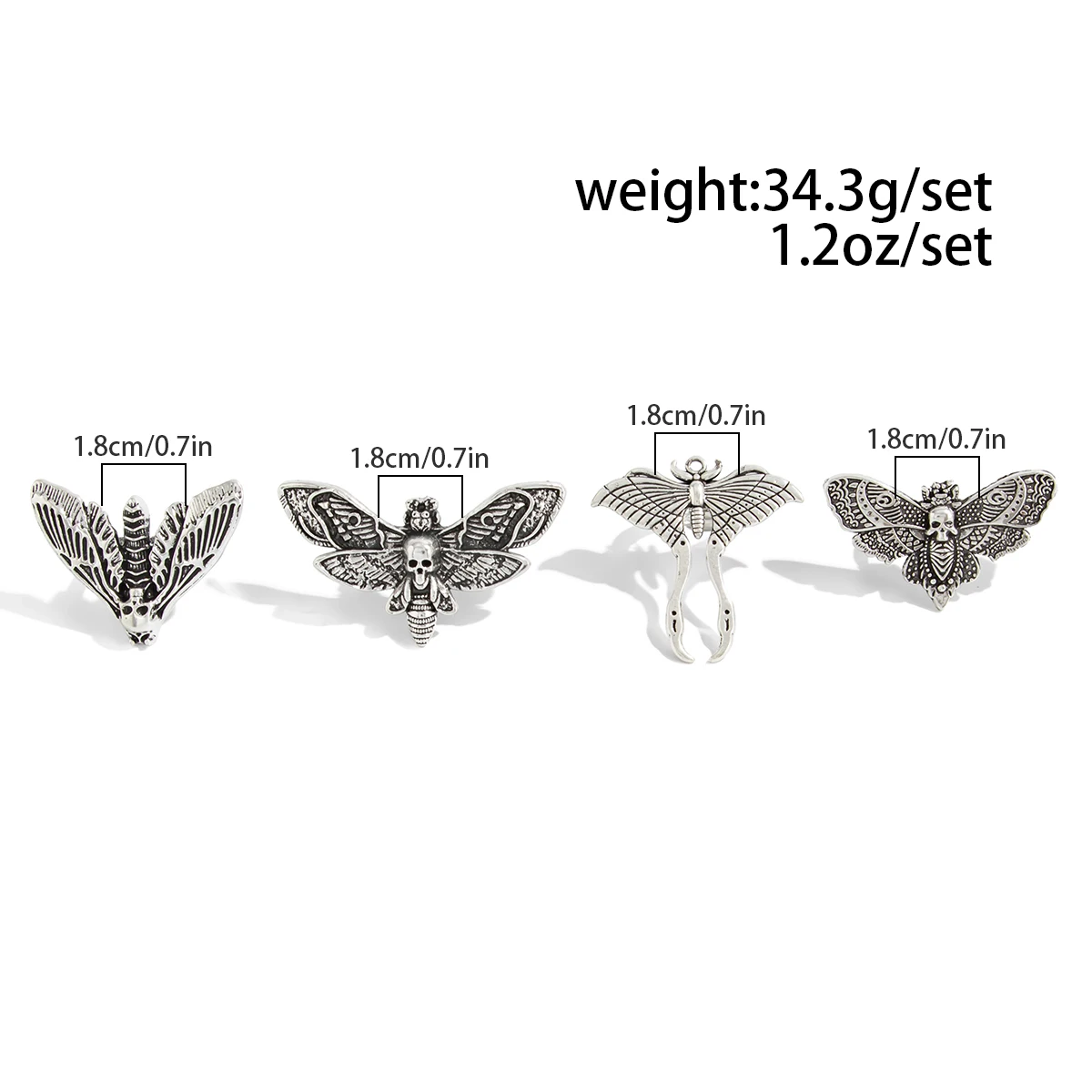 Women's 4pc Gothic Butterfly Moth Skull Open Ring Set