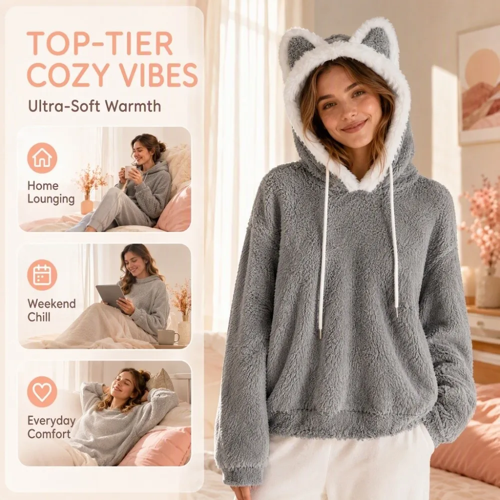 Lässiger Langarm-Kapuzenpullover mit Katzen- und Bärenohren, einfarbige Oberbekleidung, Kapuzenpullover mit 3D-Tierohren, flauschiger Fleece-Sweatshirt, Street-Style-Oberteil – Detail 3