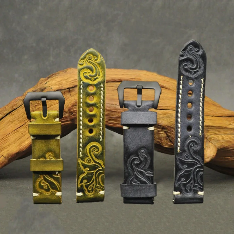 الجلود حزام الساعات لبانيراي 18 مللي متر 20 مللي متر 22 مللي متر 24 مللي متر خمر نحت الرجال حزام ساعة اليد اليدوية مخيط تنقش الأسود اكسسوارات #1