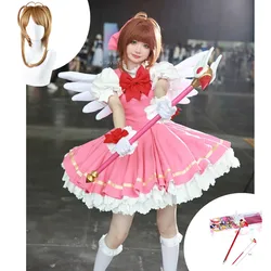 Anime Cardcaptor karta sakury Captor Cosplay Kinomoto Sakura peruka przebranie na karnawał różowa sukienka Lolita Halloween fantazyjna kostium imprezowy