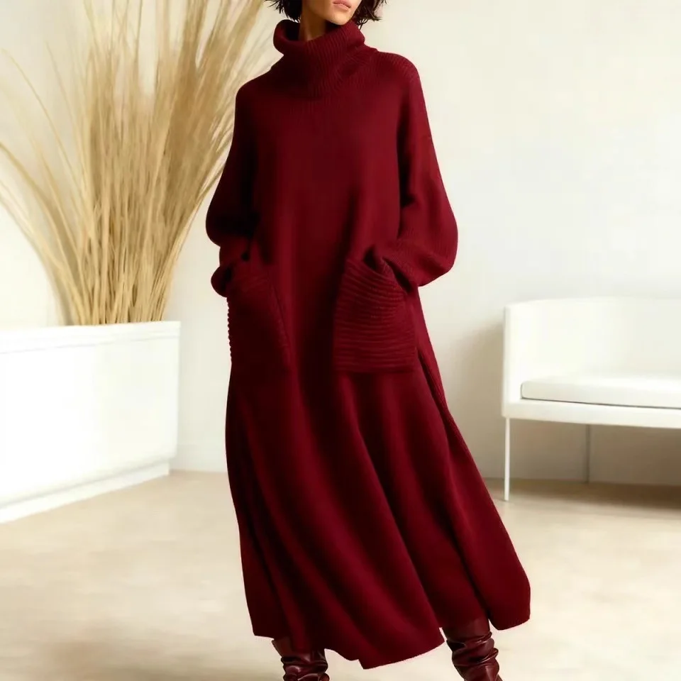 

2026 Новое шерстяное платье с высоким воротом, свободное шерстяное пальто, однотонное женское пальто с высокой талией