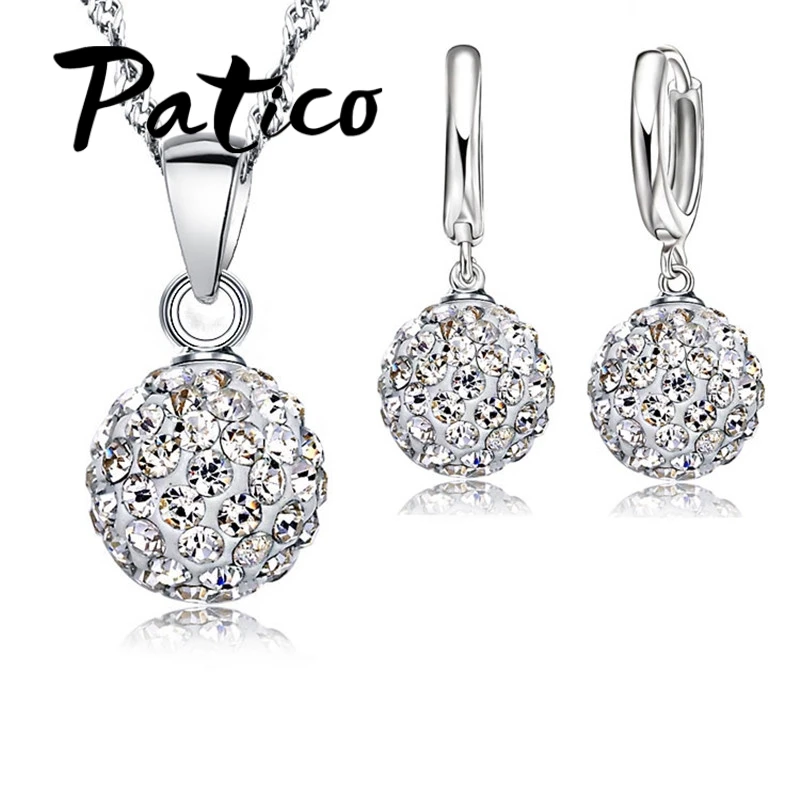Hot New Jewelry Sets 925 Sterling Silver Austrian Crystal Pave Disco Ball Lever Back Earring Pendant Necklace Woman