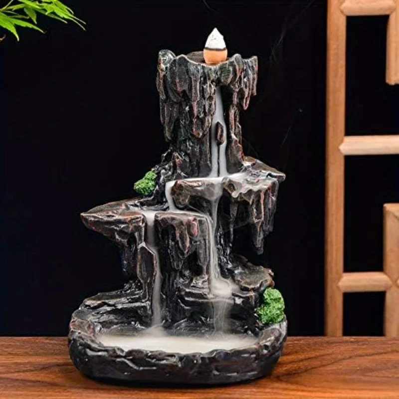 Waterfall Monk Incense Burner Mountain Tower Incense Holders Home Office Yoga Aromatcherapy Ornamen, Stone Brown