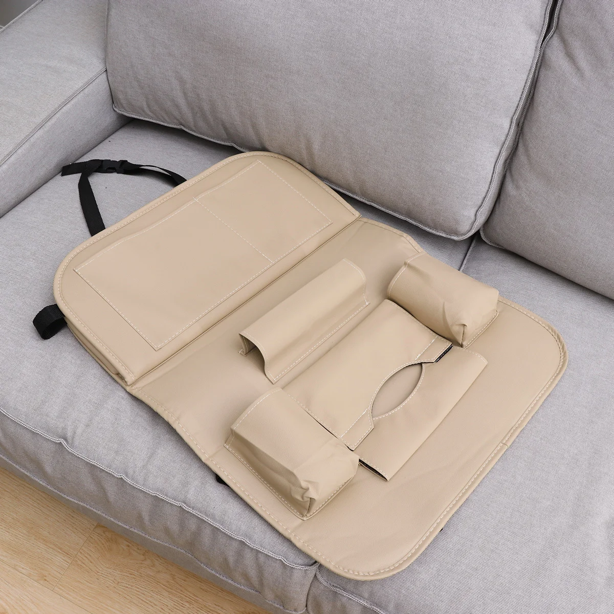 حقيبة تنظيم المقعد الخلفي للسيارة باللون البيج، حامل تخزين متعدد الوظائف، تصميم صينية قابلة للطي، سهل الاستخدام للرحلات #6