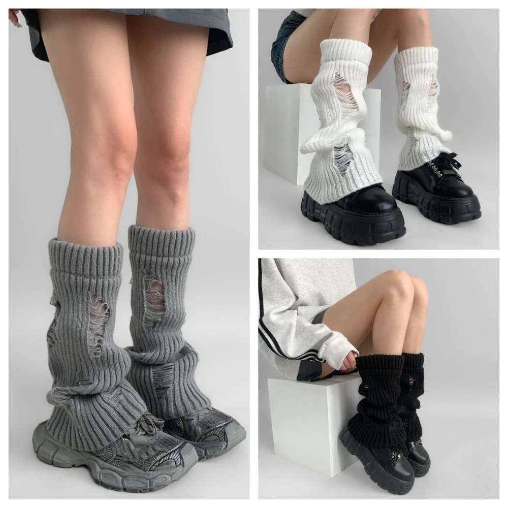 Fashion Ripped Leg Warmers Women Subculture Pile Up Mid Tube Socks Stockings Warm Foot Cover Y2K Winter