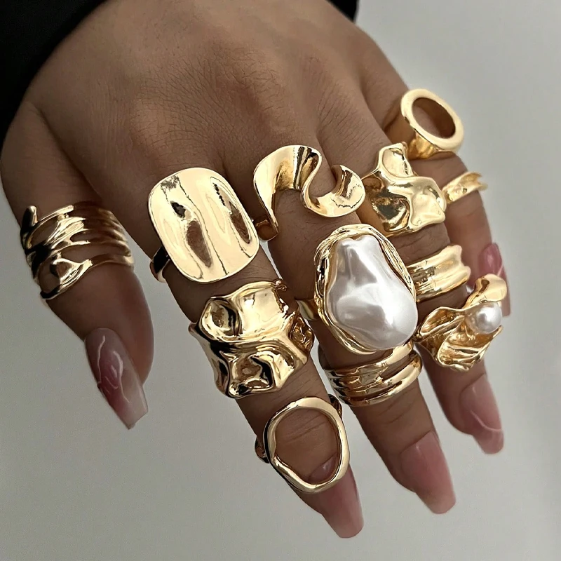 12pcs Vintage Chunky Irregular Faux Pearl Ring Sets for Women Fashion Geometric Flower Liquid Hollow Metal Rings Elegant Jewelry