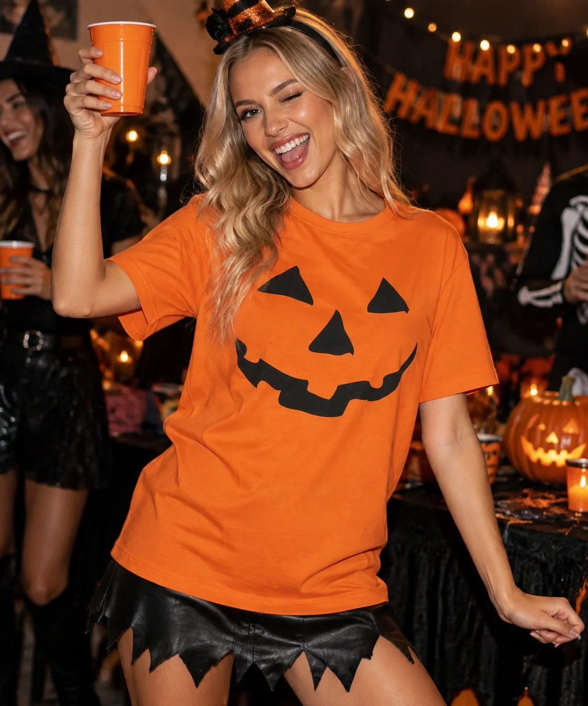 Halloween Damen T-Shirt mit Rundhalsausschnitt und kurzen Ärmeln, Kürbisgesichts-Grafikdruck, lockeres, lustiges Partykostüm, trendiges, lässiges Alltags-Oberteil – Detail 2