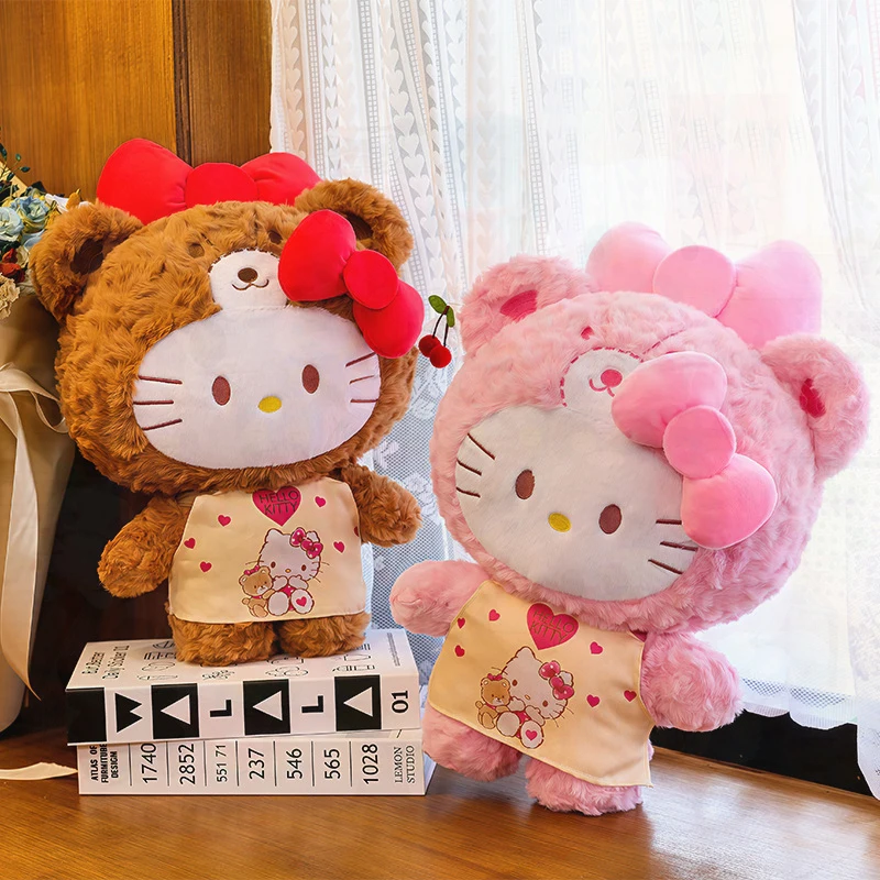 Hello Kitty Bear Costume Plush Doll Cute Cartoon Stuffed Kitty Plushie Soft Fluffy Stuffed Toy Lovely Collectible Gift for Girls