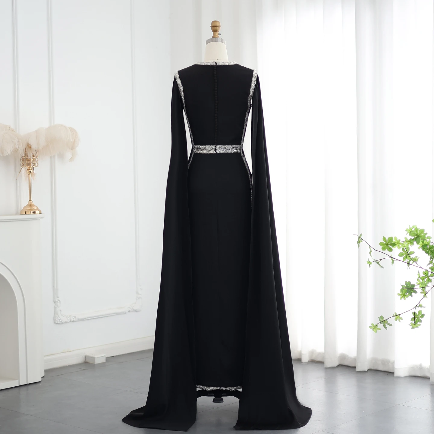 Sharon Said-Robe de soirée noire brodée de perles pour femmes, robes de luxe avec manches cape, fête de mariage de Dubaï, tout ce qui est personnalisé, SS487
