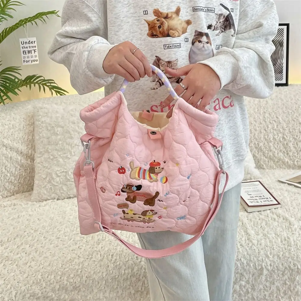 Fashion Cream Color Tote Bag Puppy Korean Style Handbag Embroidery Large Capacity Travel Bag