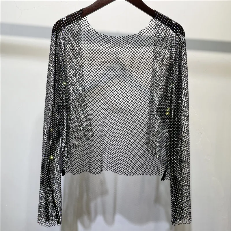 Women's Fashion Diamond Top 2023 Sexy Hollow Out See-through Fishnet Bikini Off-Neck Rhinestones Women Sheer Blouse Nightclub