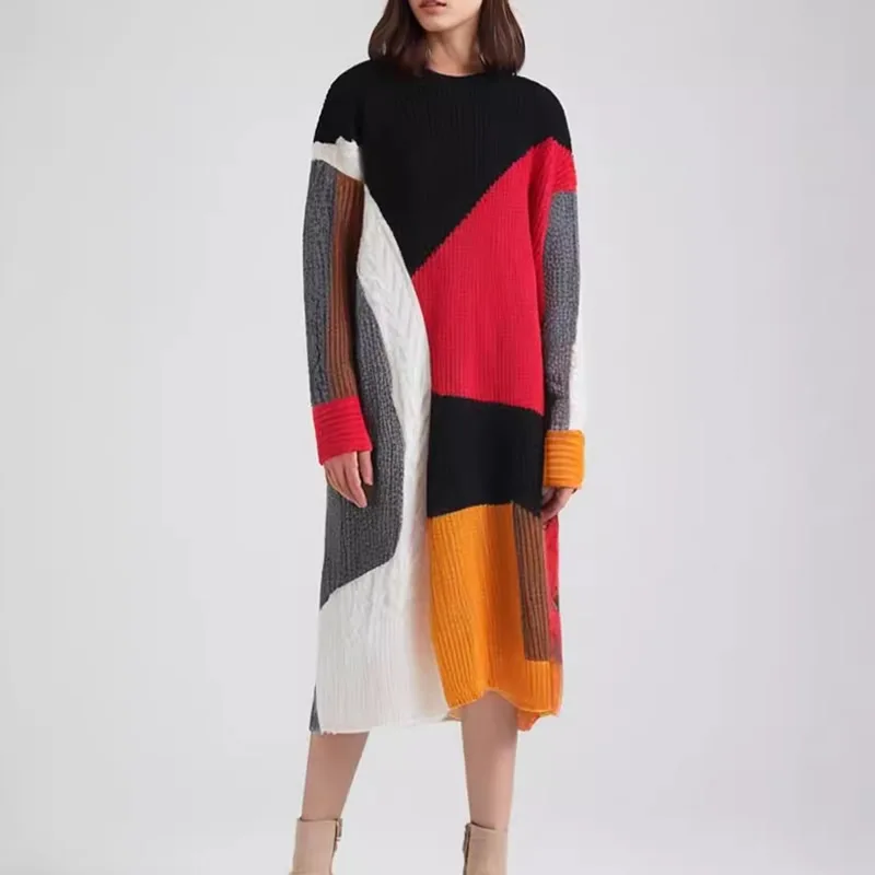 New colorblock women knitted cotton dress long sleeve O-neck OL work dresses