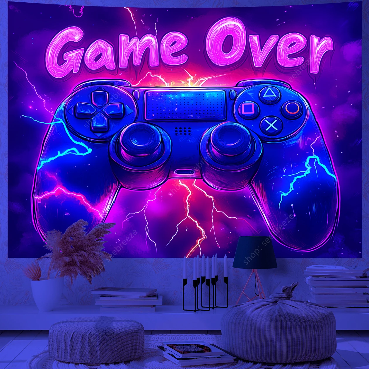 Game Over Game Zone UV Reactive Tapestry E-Sports Room Game Controller Tapestry Hippie Tapiz Neon Background Room Wall Decor