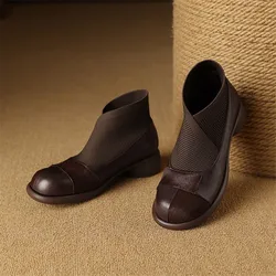New Autumn Sheep Leather Splicing Horsehair Women Boot Fashion Round Toe Boots for Women Short Boots Botines Mujer Ankle Boot