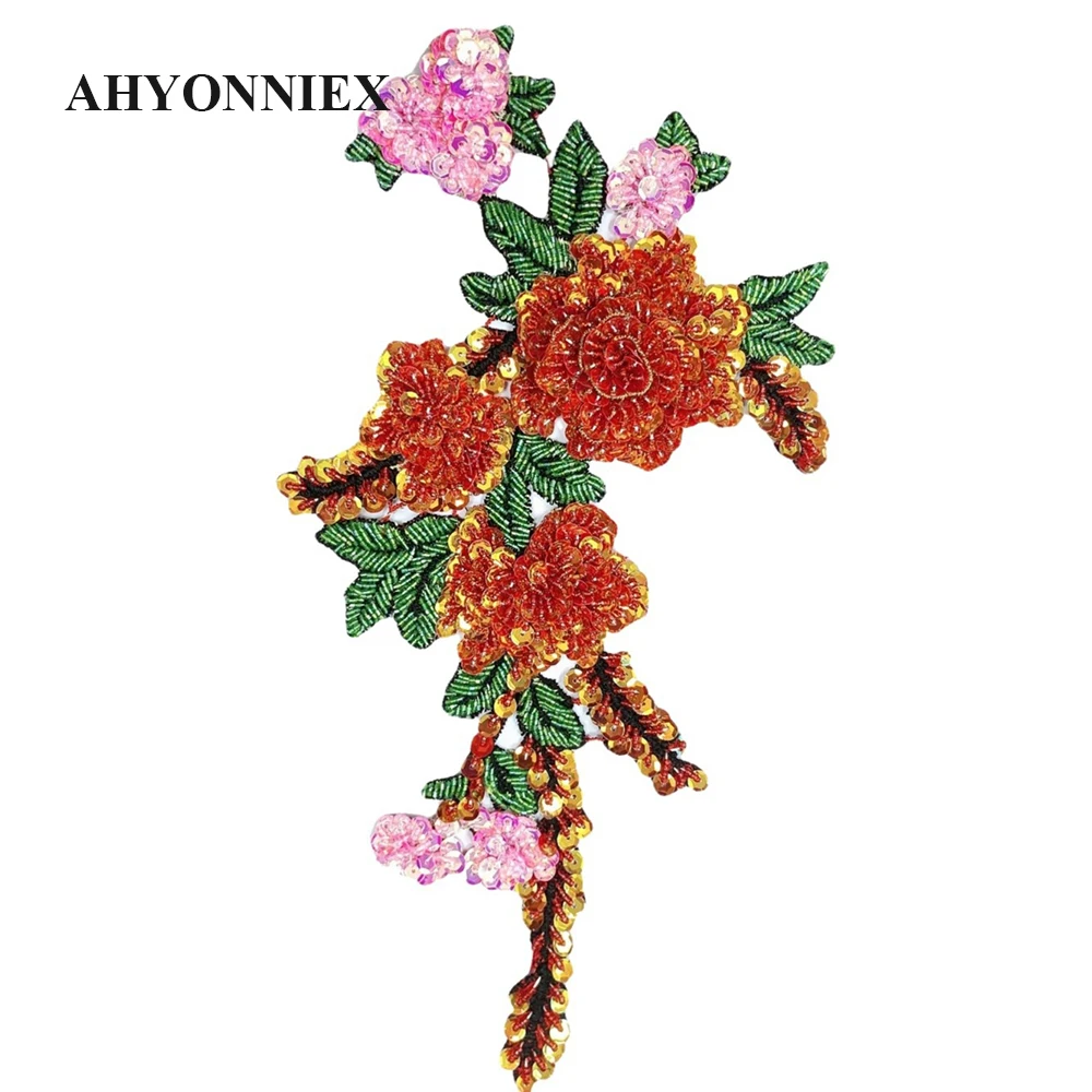 AHYONNIEX Handmade Exquisite Large Beads Flower Patches for Clothes DIY Beaded Stickers Embroideried Sew On Patches