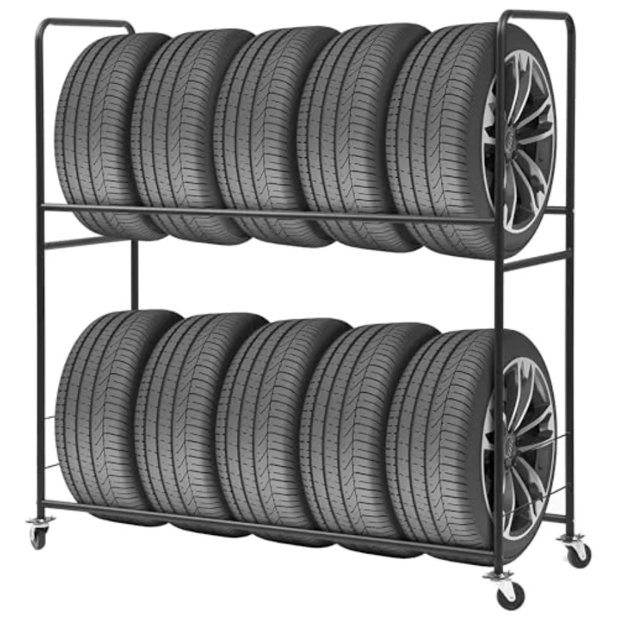 Tire Rack for Garage, Metal, Black, Rolling with Locking Casters, Height Adjustable 26.5-34.5, Fits Up To 10 Wheels, 63 x 60 x