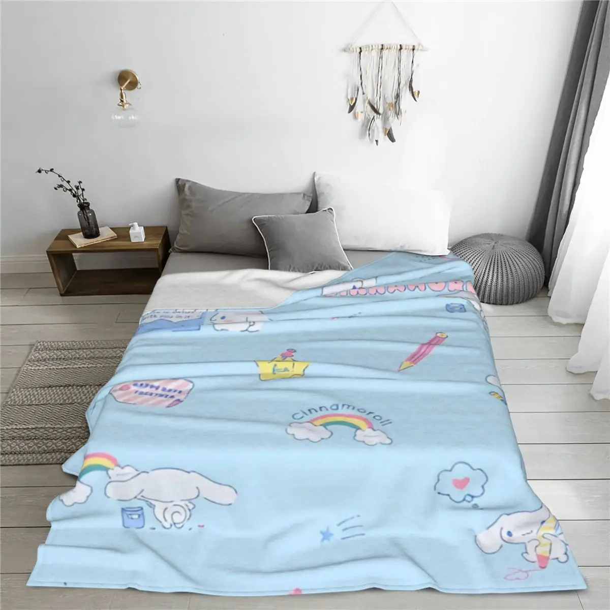 Kawaii Cinnamoroll School Fleece Throw Blankets Cute Cartoon Blanket for Bedding Outdoor Soft Plush Thin Quilt