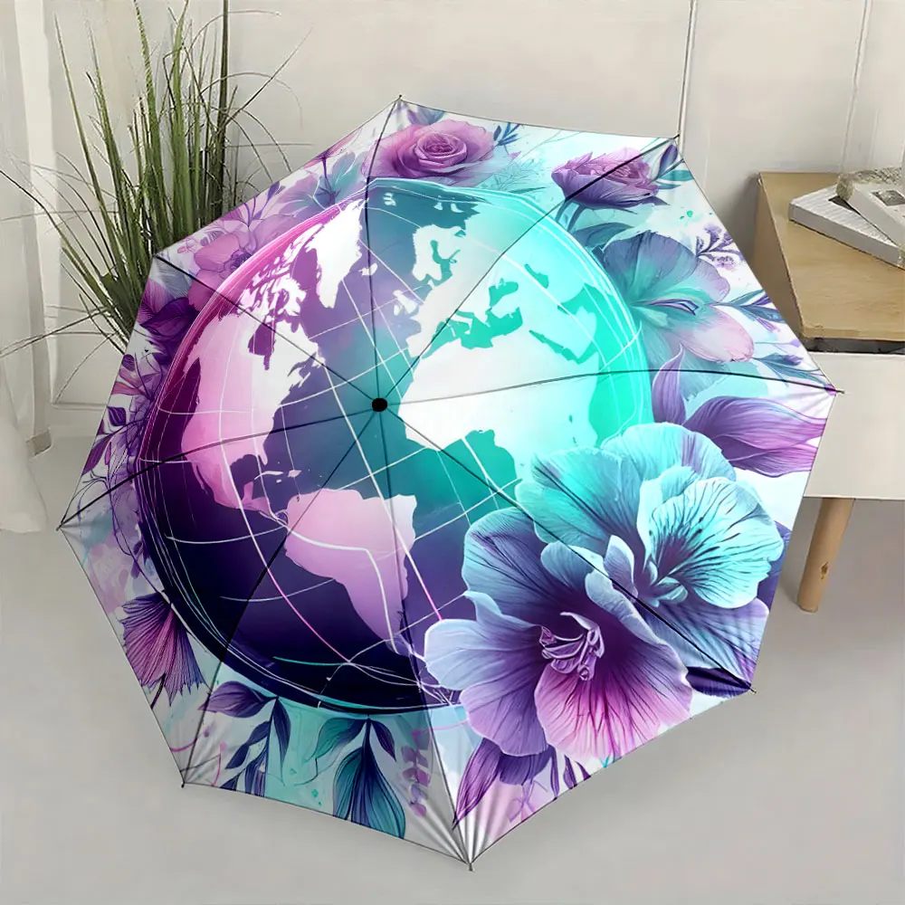1PC Elegant Floral Globe Design Umbrella for Stylish Protection Print 8 Iron Ribs Folding Umbrella Auto-Open Fashion Sunshade