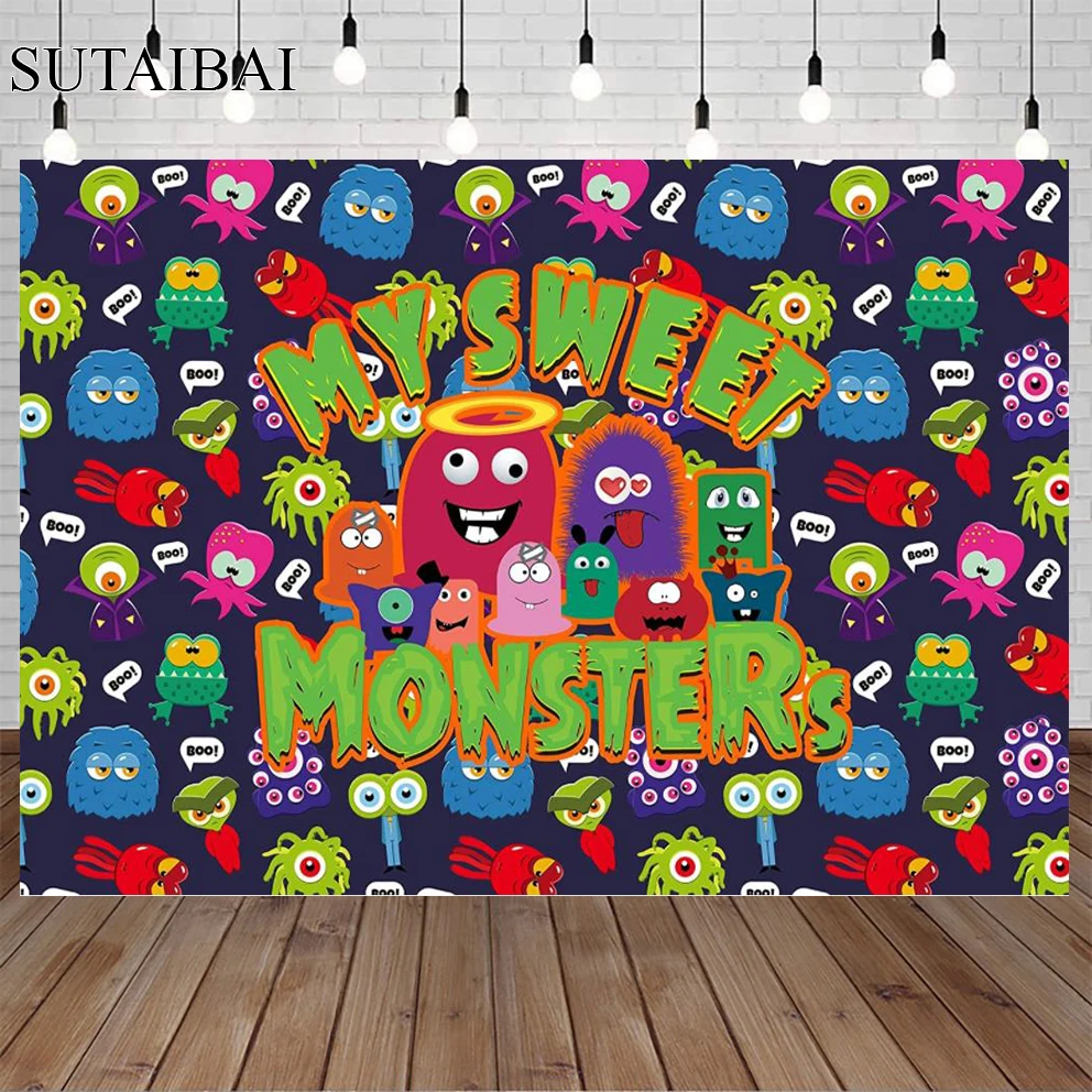 Monster Background Cartoon My Sweet Monsters with Boo Backdrop Dark Blue Photo Background Kids Happy Birthday Party Decorations