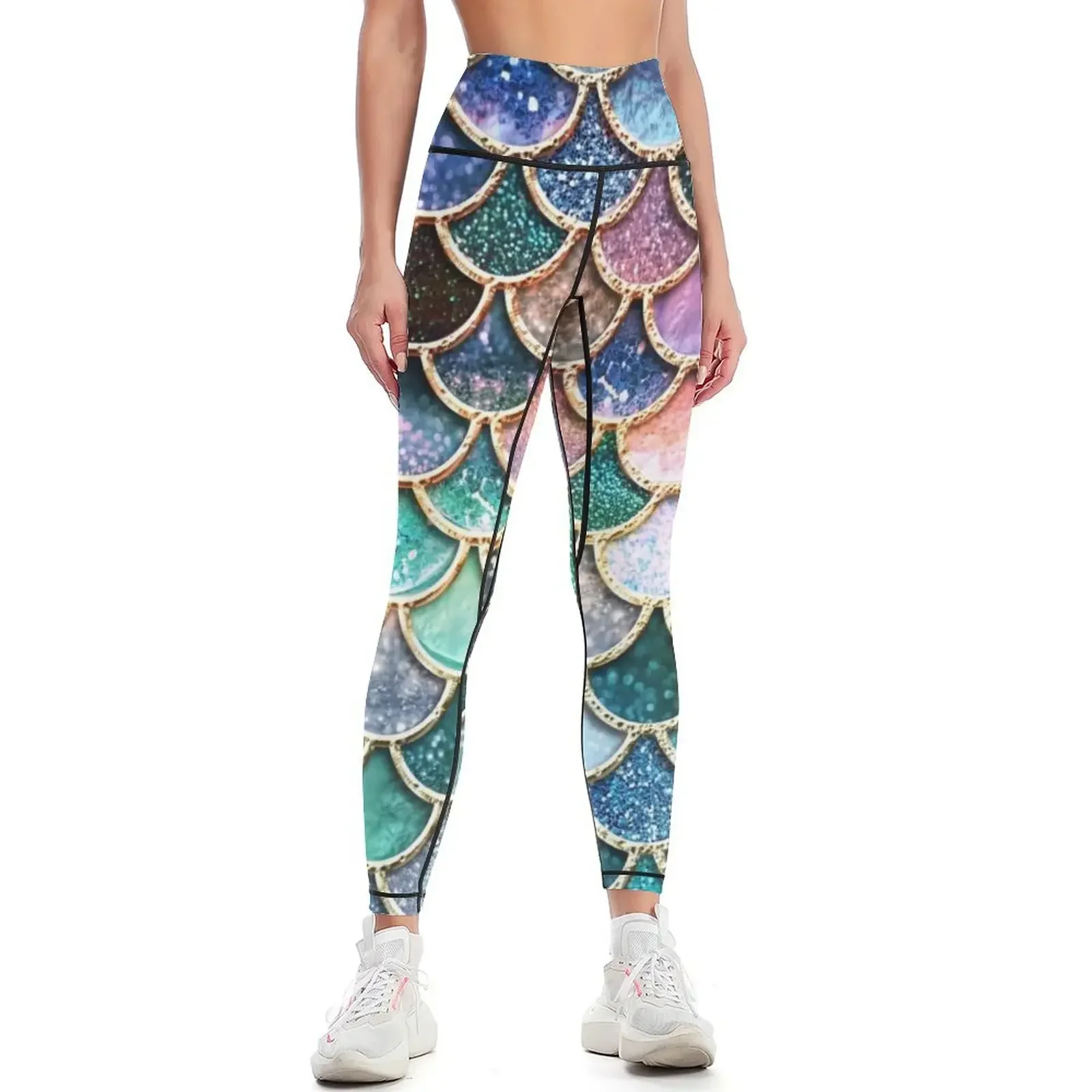 

Teal, Silver and Pink Sparkle Faux Glitter Mermaid Scales Leggings Jogger pants gym clothing sporty woman gym Womens Leggings