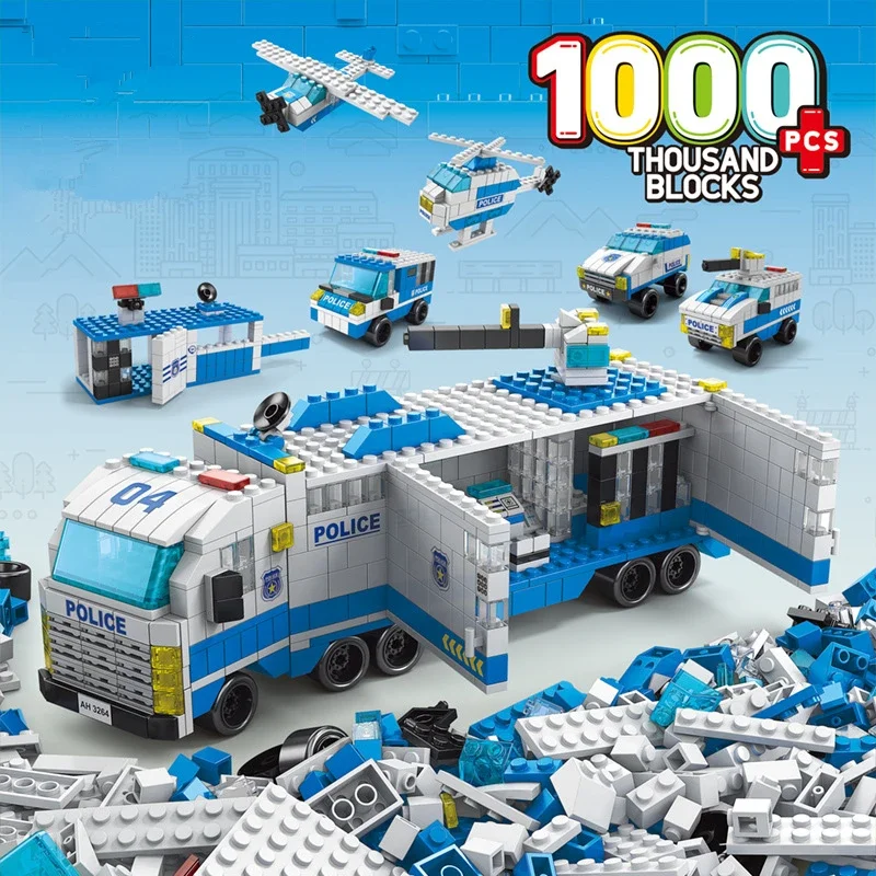 Ensemble de blocs de construction classiques 6-en-1 : Voiture de police, camion de pompier, mini-chargeur, avion, camion de ville – Cadeau jouet pour enfants