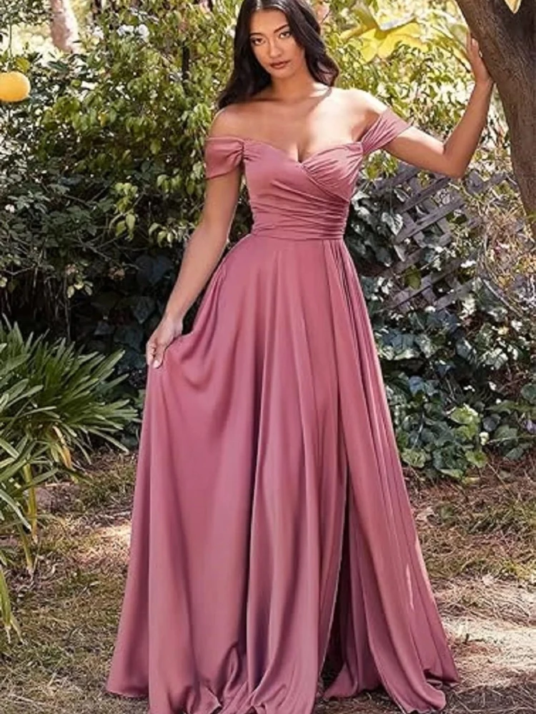 Elegant Pink Satin Bridesmaid Dresses with Split Off Shoulder Draped A-Line Pleated Simple Wedding Party Prom Gowns Customized