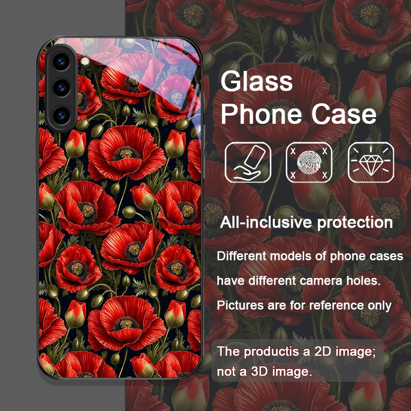 Retro Poppy Flower Bloom Hot Red Printed Tempered Glass Phone Case for Samsung Galaxy S26 S25 Ultra S24 S23 Plus S22 S21FE Cover - view 4