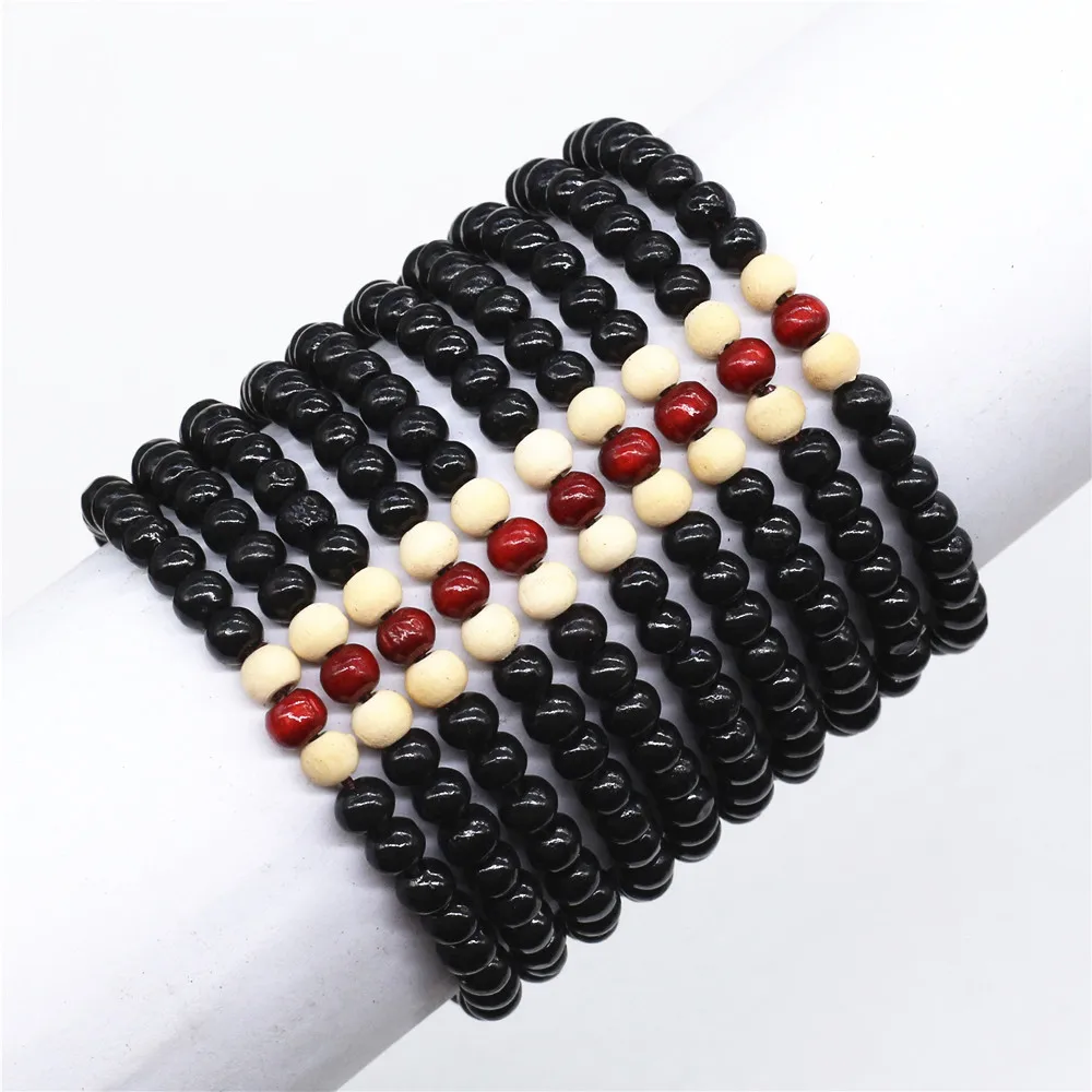 WESTBULL 6mm Black White Red Wood Beads Strand Beaded Men Bracelets Women Homme Male Gift Wholesale Jewelry Accessory