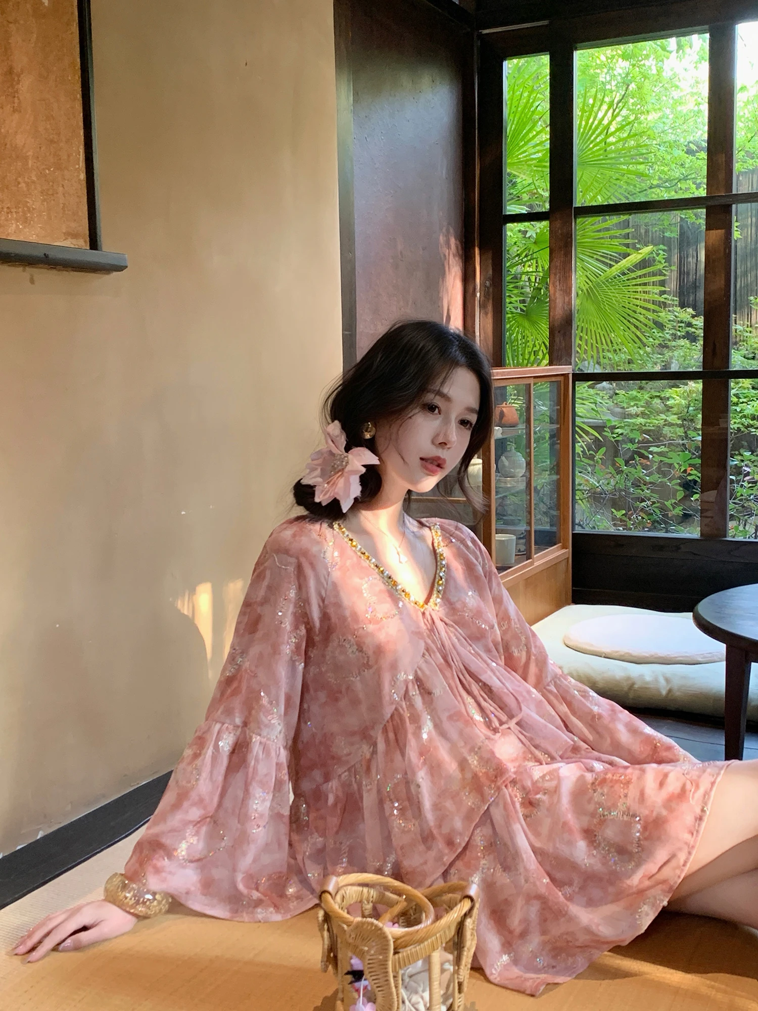 

Spring Collection Women's V-neck Embroidered Top And Skirt Set Casual Loose Fit Long Sleeve Non-repeating Pattern Fashionable