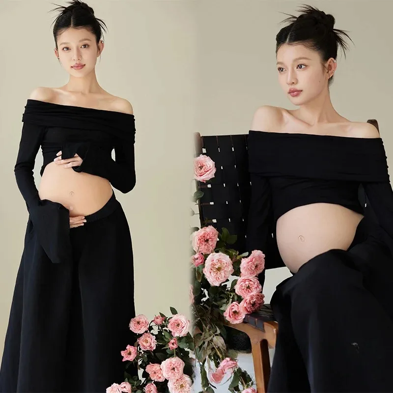 

Women Maternity Dresses for Photo Shoot Black Off-shoulder Top with Skirt 2pcs Set Elegant for Pregancy Studio Photo Shooting