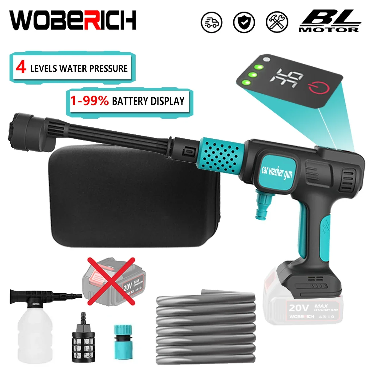 280Bar 4Gears Brushless Electric High Pressure Washer Cordless Car Washing Gun Digital Display (No battery)for Makita 18V