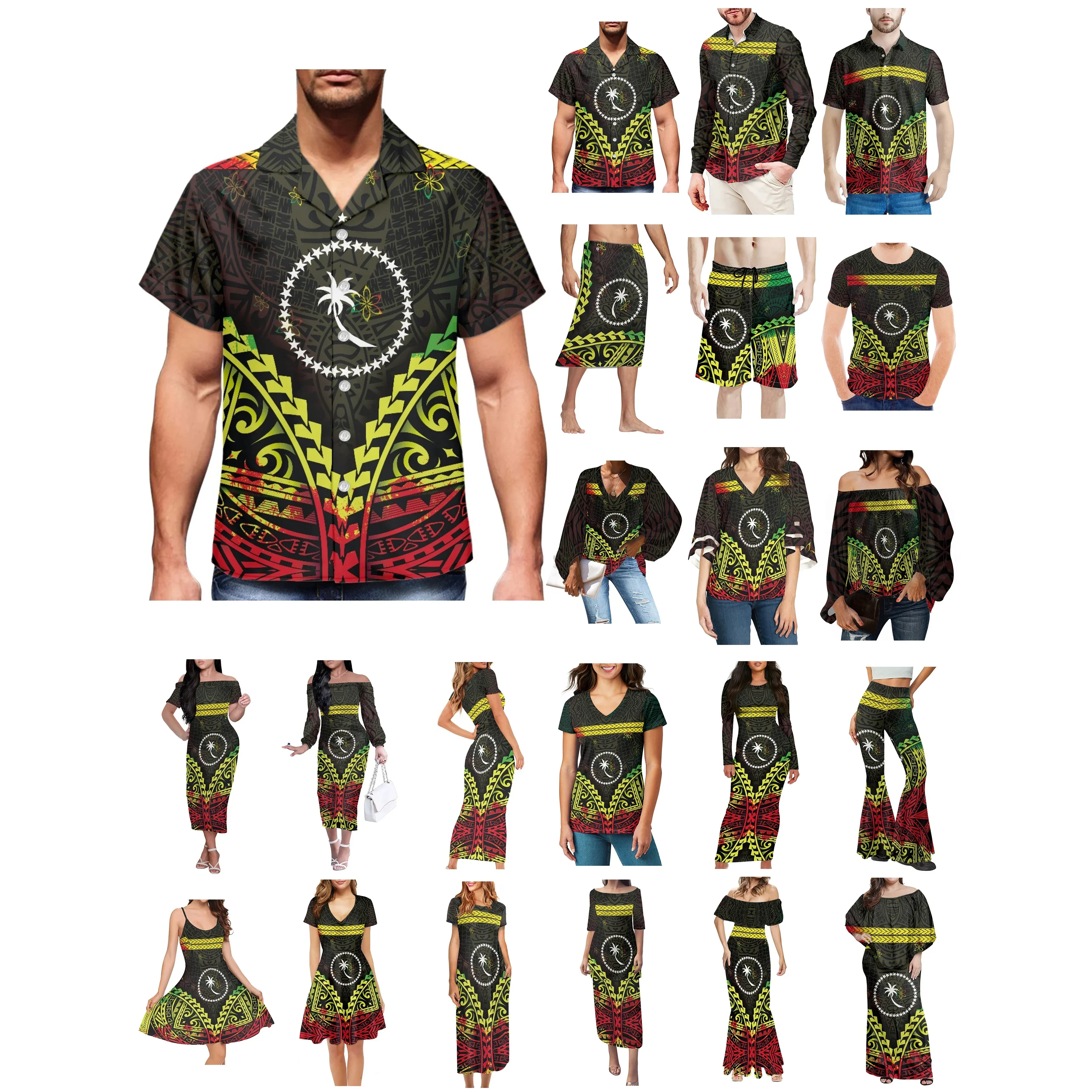 Polynesian Chuuk Tattoo Prints Clothes Women Dress Matching Men Shirt Comfortable Breathable Red And Green Lovers Clothes Wear