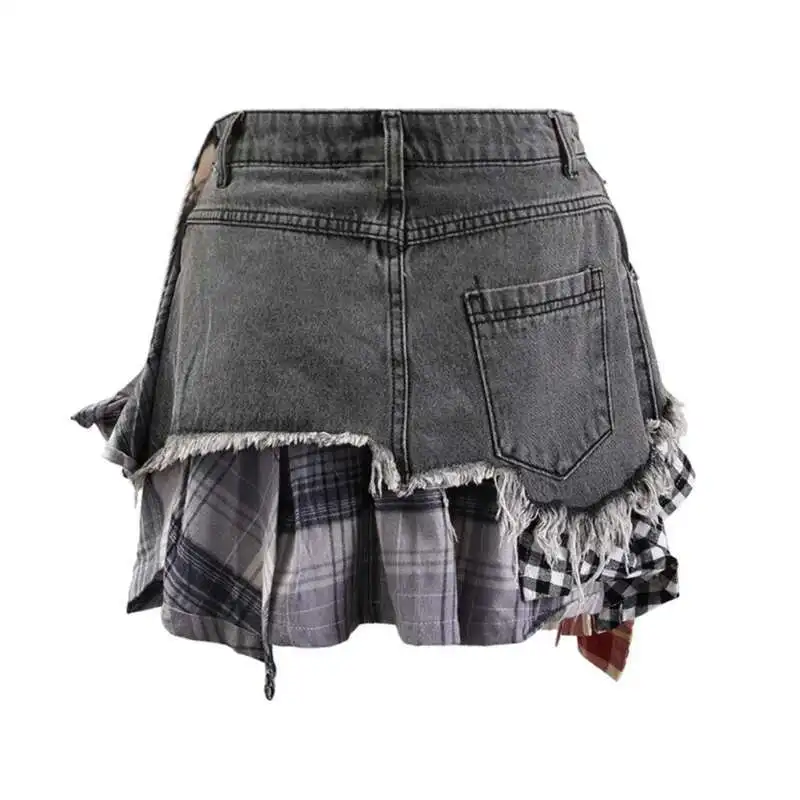 HKSH Women Skirt Tide Fashion Colored Plaid Patchwork Frayed Edge Irregular Deconstructed Design Niche A-Line Denim Skirts H2839