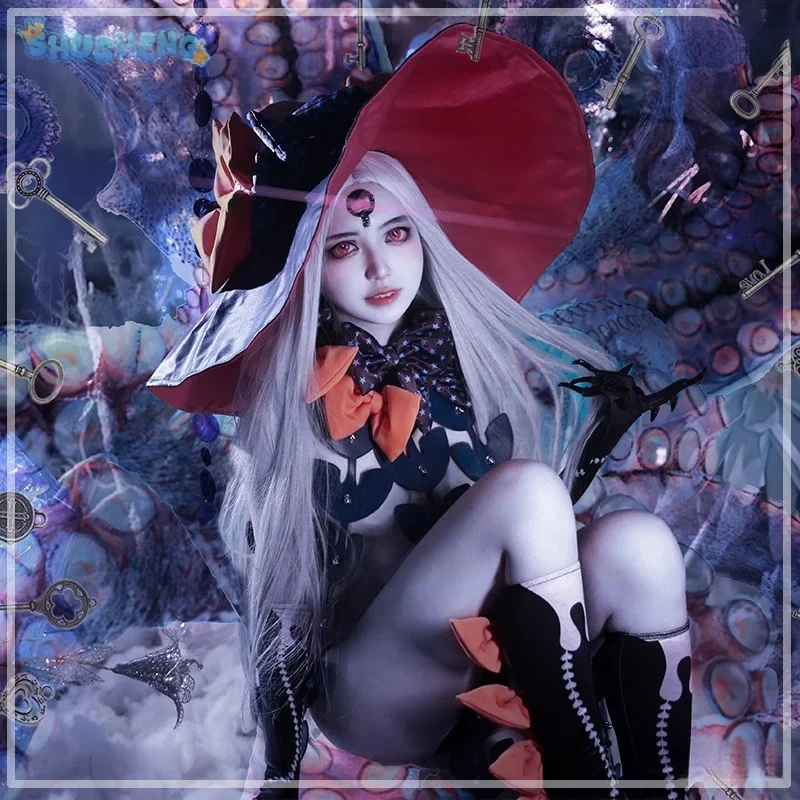 Fgo abigail williams verão cosplay destino/grande pedido fgo traje festa de halloween vestido sexy chapéu luvas meias tatuagem adesivos conjunto