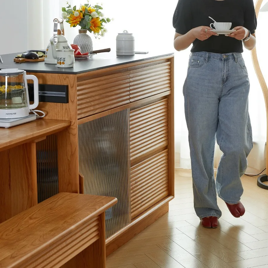 Cherry wood Nakajima open kitchen dining table integrated cooking storage