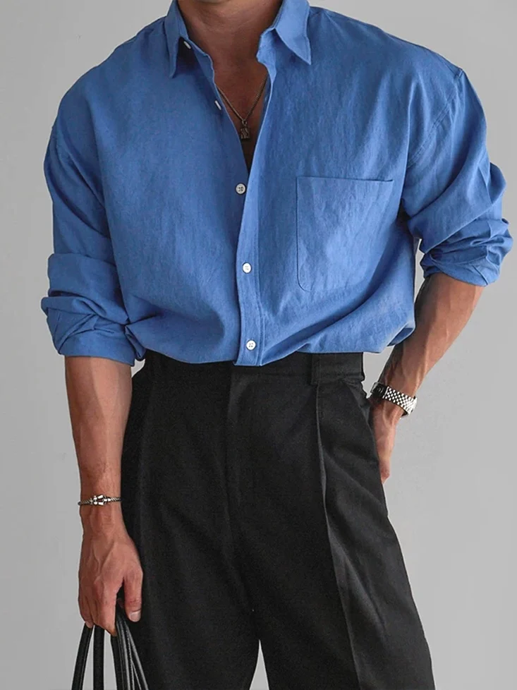 

Classic American Hardman Style Pure Cotton Long Sleeve Loose Fit Men's Shirt with Pocket Casual Versatile Workwear Trendy