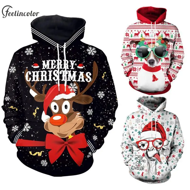 

Couple Ugly Christmas Hoodies Xmas Elk Graphic Hooded Pullover Funny Sunglasses Puppy Print Hoodie with Pocket Male Clothes