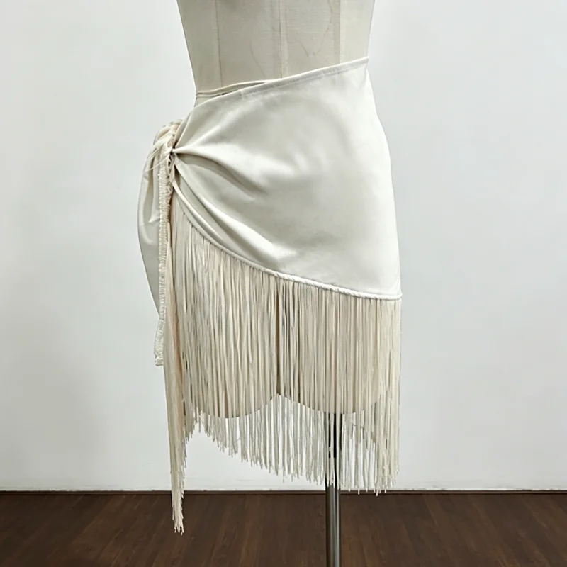 Beige Fringe Wrap Skirt Solid Tie Waist Boho Style Elegant Women Fashion All-match Mini Skirts Party Chic Casual Vacation Outfit