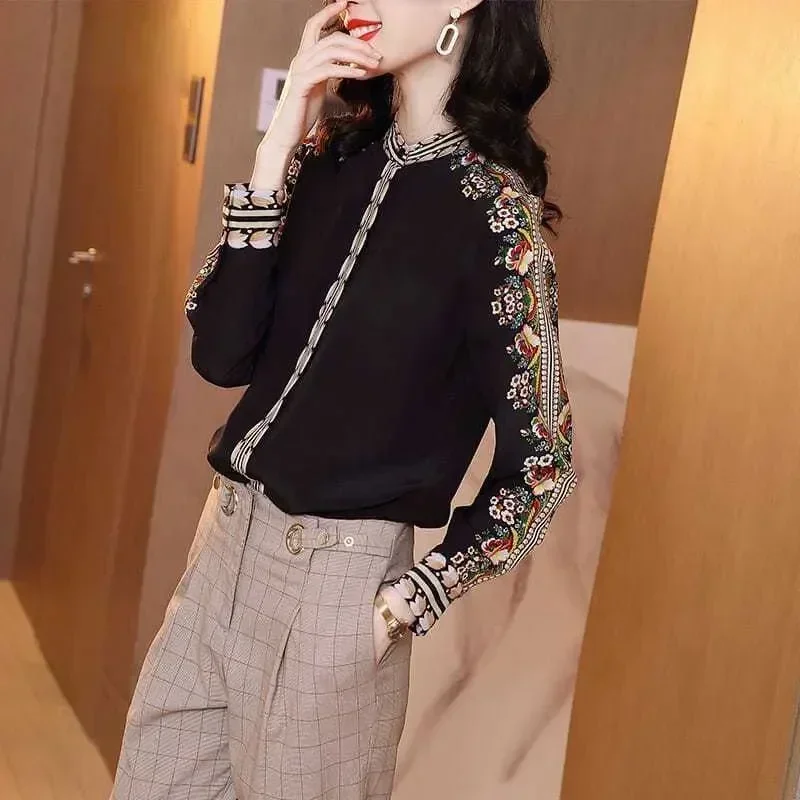 

Vintage Folk Floral Printed Blouse Spring Autumn Long Sleeve Commute Stand Collar Button Women's Clothing Loose Spliced Shirt