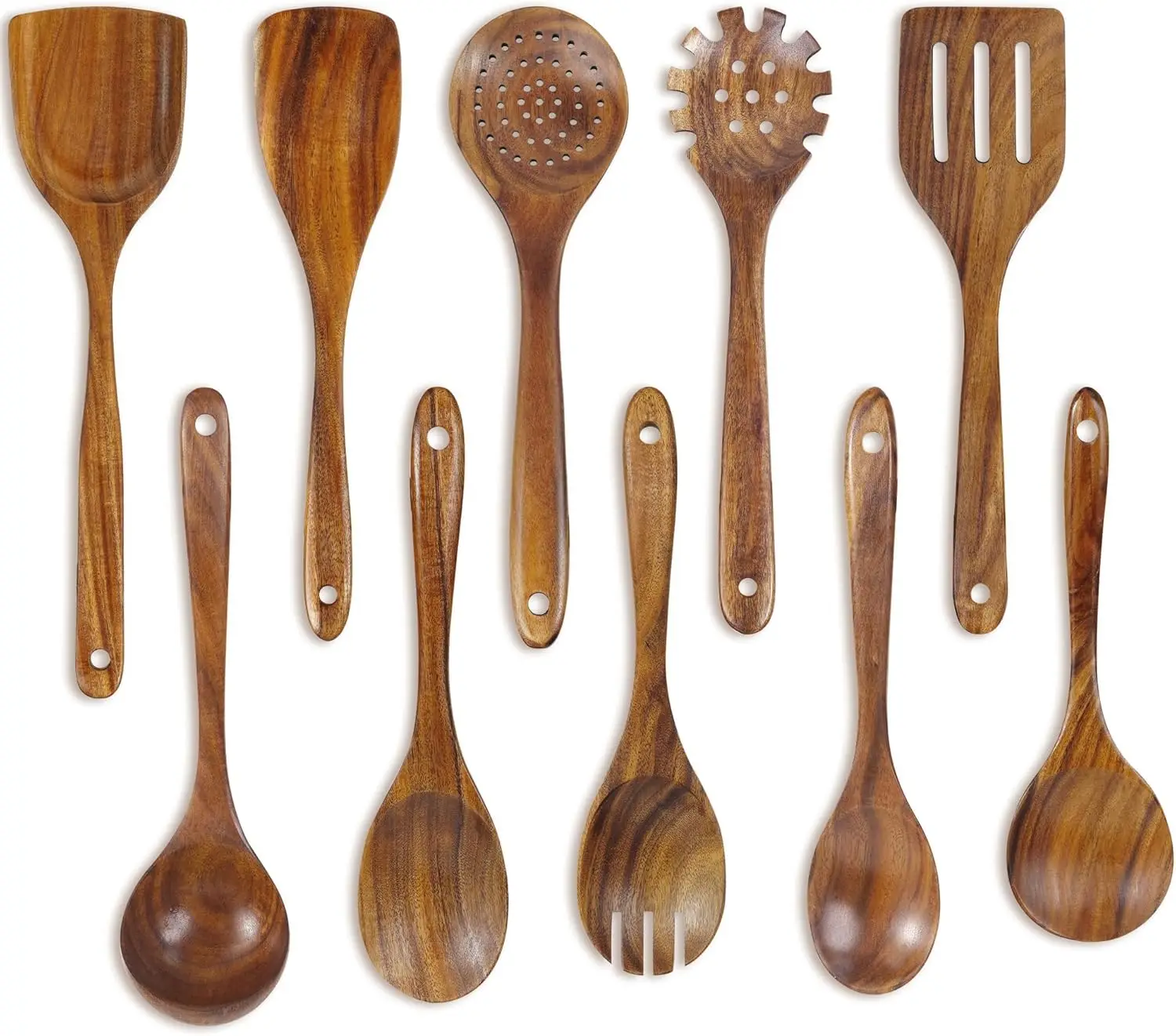 

10-Piece Teak Wooden Kitchen Utensil Set - Non-Stick Safe Cooking Spoons for Women Housewarming Gifts