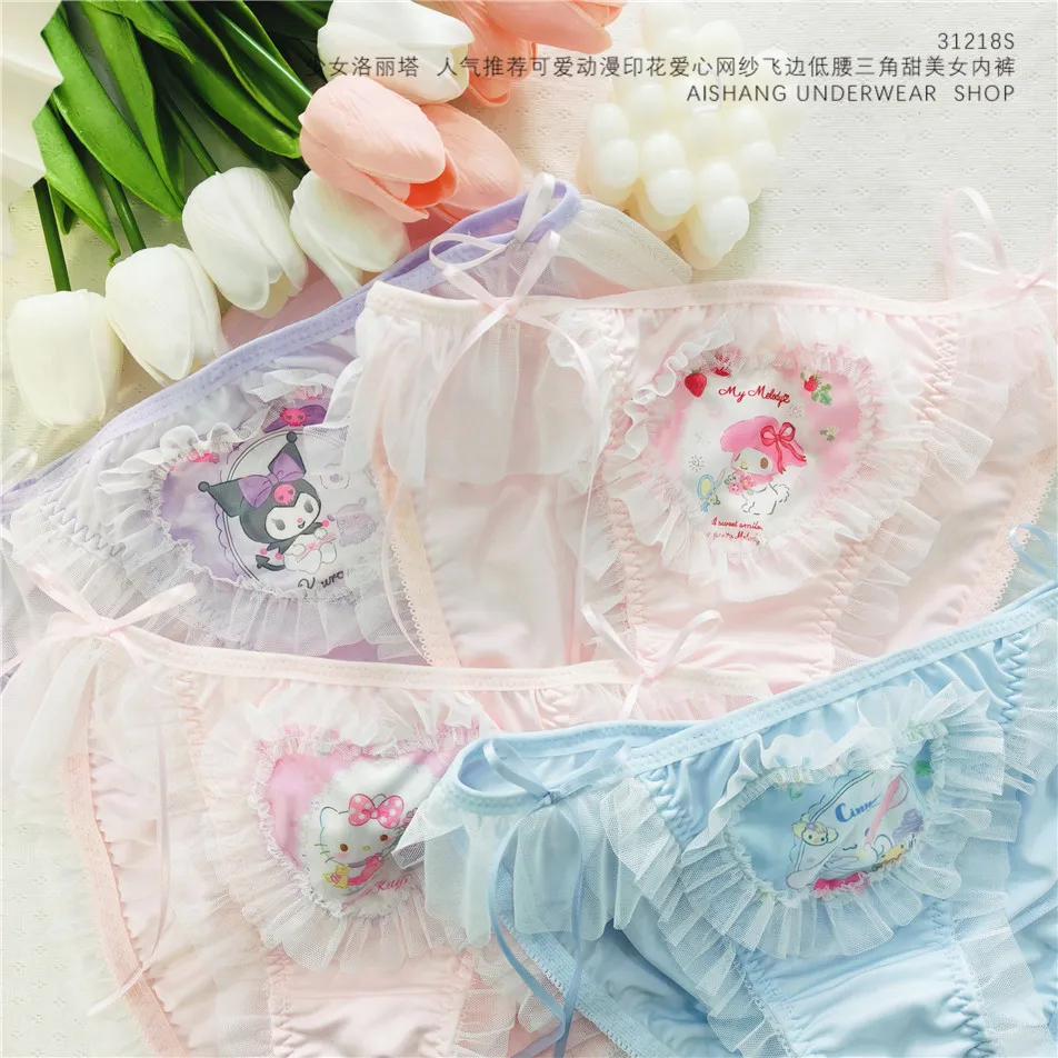 Hello Kitty Underwear Kuromi Sanrio Cinnamoroll Anime Cartoon Girl Lace Bra Sweet Bowknot Underwear Comfortable Lingerie Set