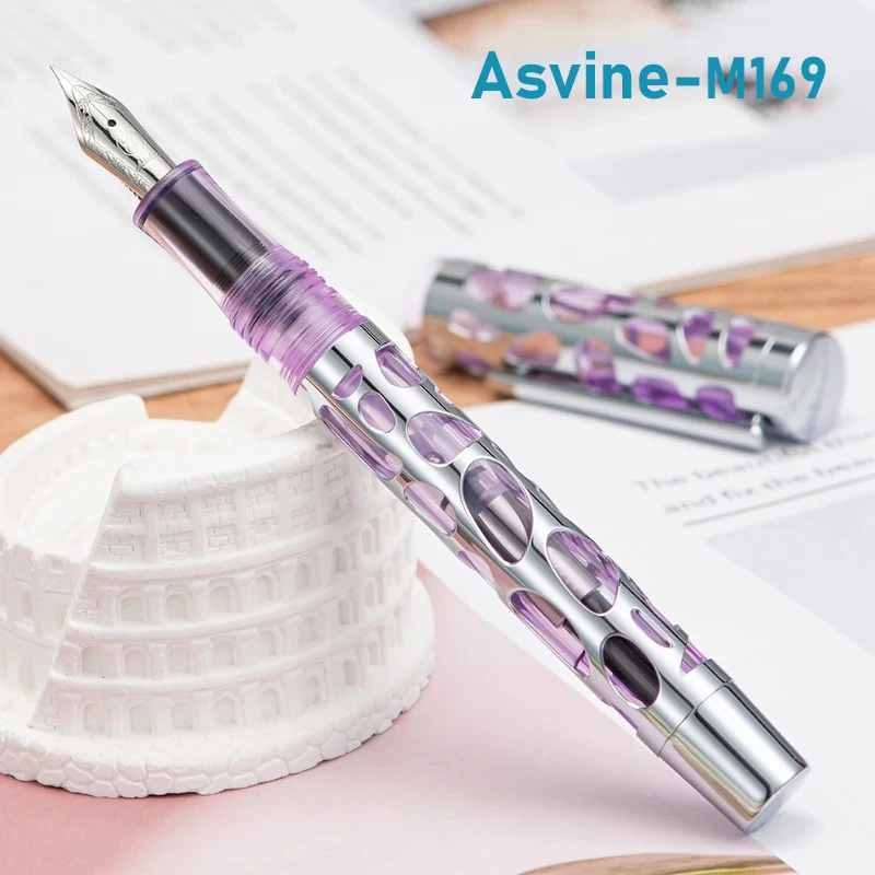 Asvine M169 Acrylic Dropper Fountain Pen Luxury Elegant Transparent Metal Skeleton Pen Writing Office School Supplies Stationey