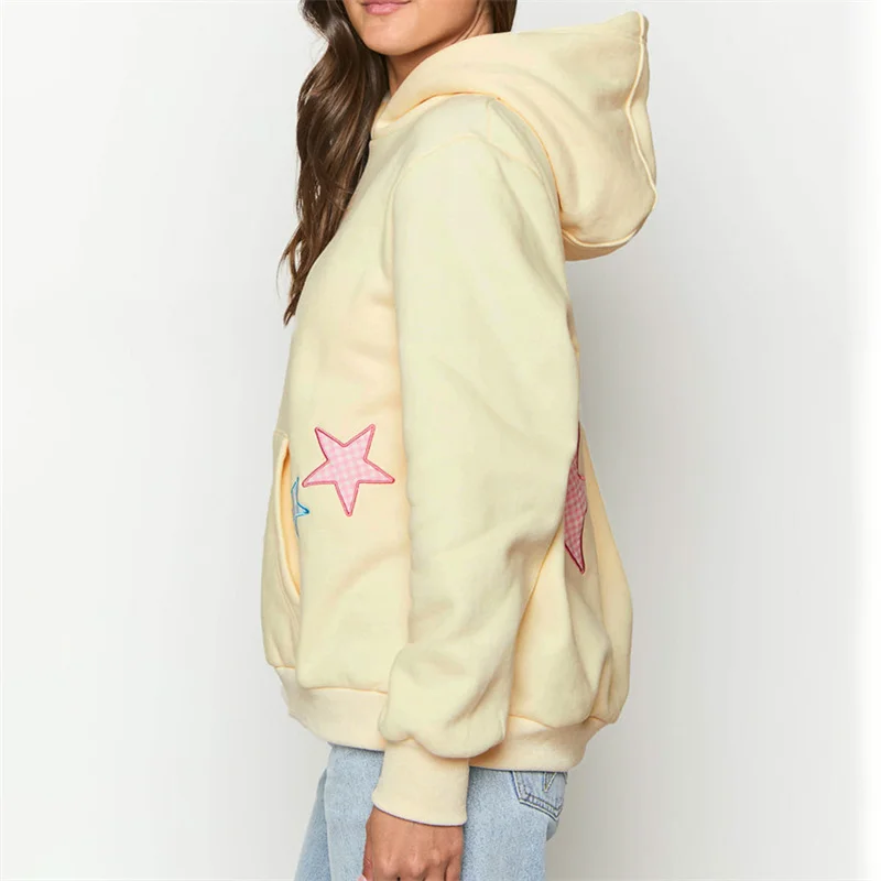 FUFUCAILLM Women Star Embroidery Hoodies Long Sleeve Hooded Sweatshirts with Pocket Casual Pullover Streetwear Winter Fall 2025