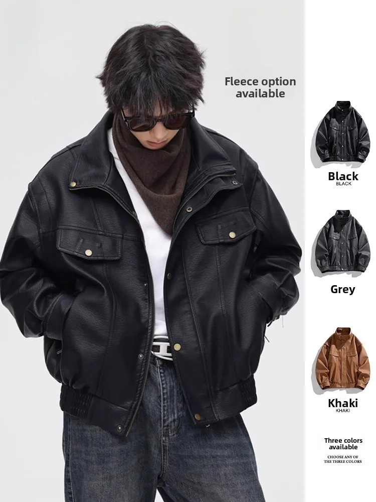 

Jeanswest Men's Bla Biker Jaet Fce Lined Faionable Fall Winter Coat Loose Fit Zipper Closure PU Leather Long Sve