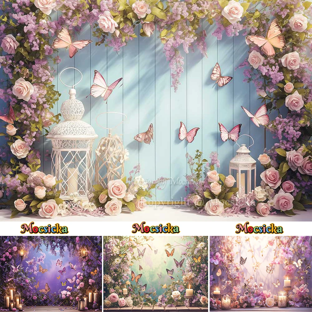 Butterfly Girl Baby Cake Smash Background Flower Candle Wooden Board Backdrop Decor Kid Birthday Party Portrait Photozone Studio